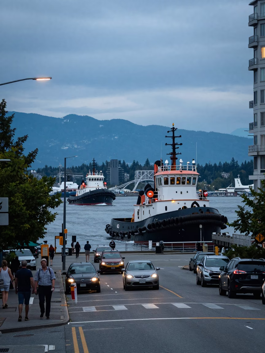 Vancouver Early Evening Street Scene with Tugboat Fleet Guiding Tanker at Night in in Vancouver, British Columbia, Canada