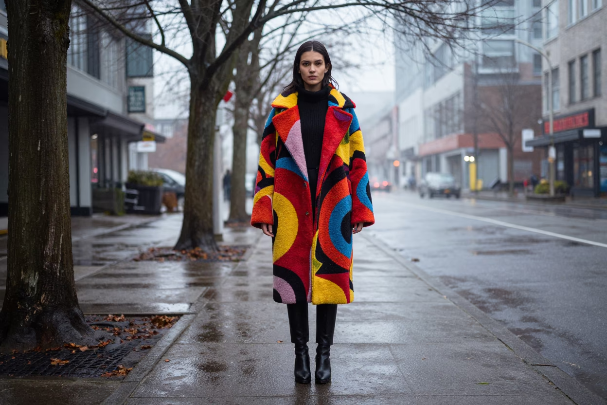 Vancouver Early Morning High Fashion Street Style with Condensation and Urban Canal Views in in Vancouver, British Columbia, Canada