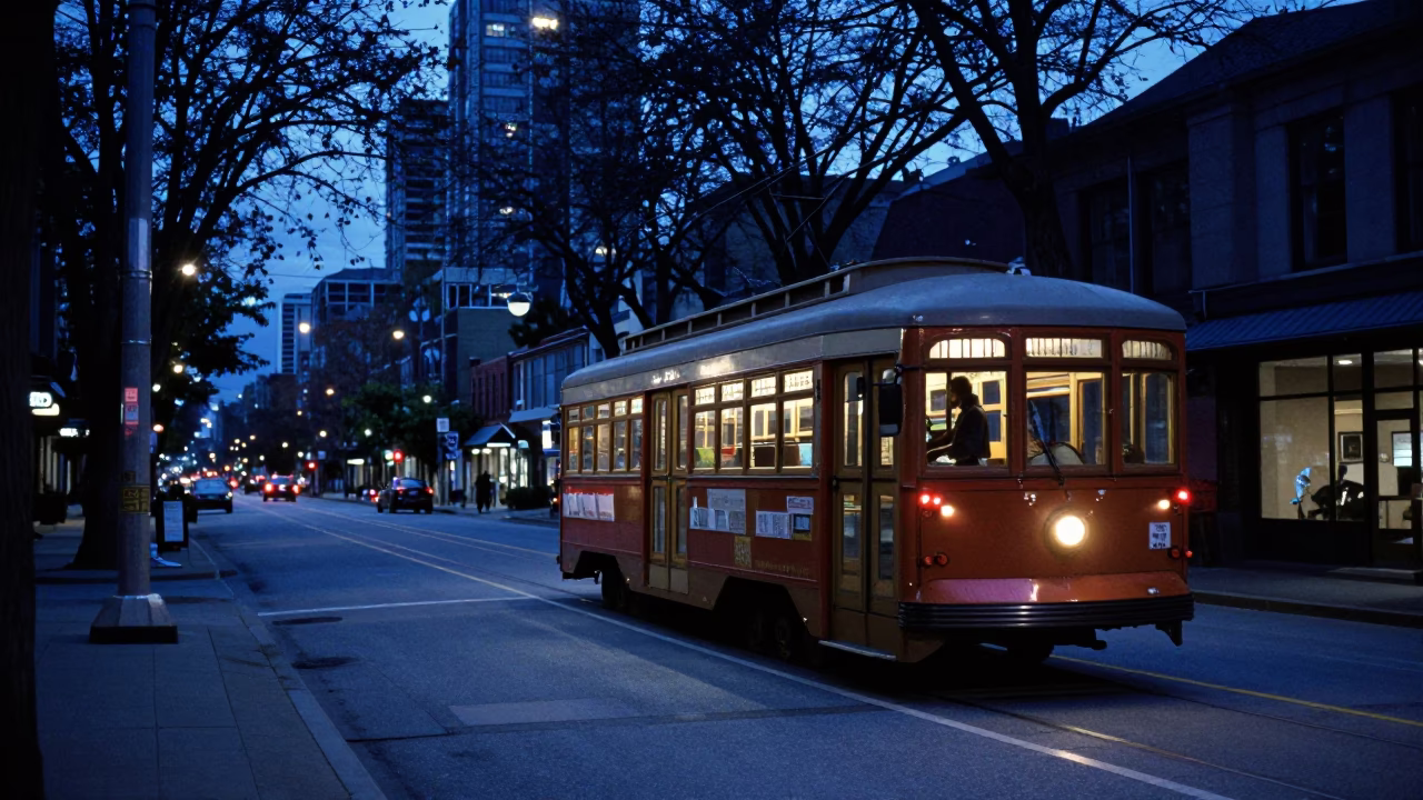 Vancouver Evening Blue Hour Street Scene with Vintage Trolley and Tree Lined Avenue in in Vancouver, British Columbia, Canada