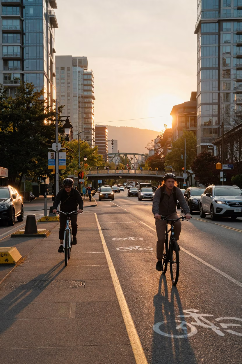 Vancouver Evening Light on Granville Street with Bicycle and Urban Architecture in in Vancouver, British Columbia, Canada