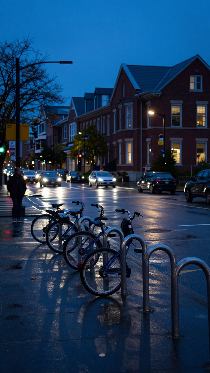 Vancouver Evening Street Scene with Campus Bicycle Rack and City Lights in in Vancouver, British Columbia, Canada