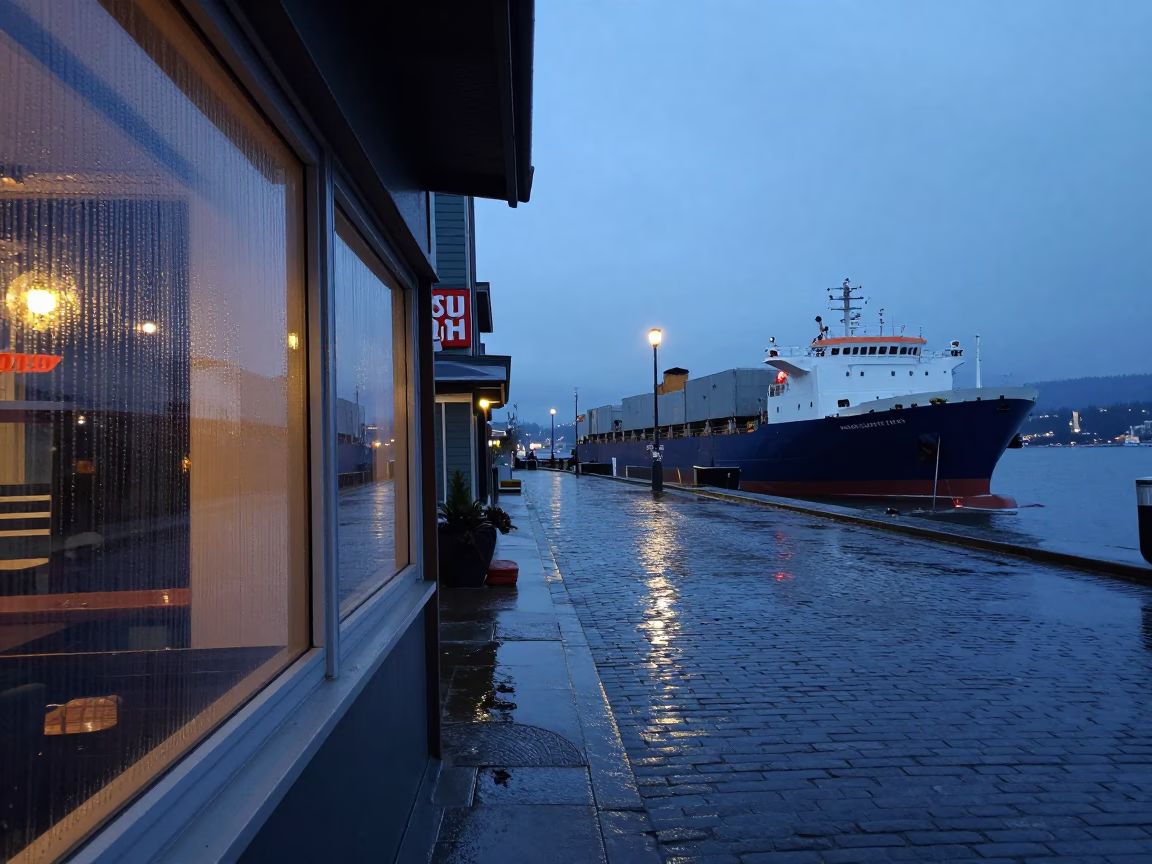 Vancouver Evening Street Scene with Condensation and Cargo Ship Horizon in in Vancouver, British Columbia, Canada