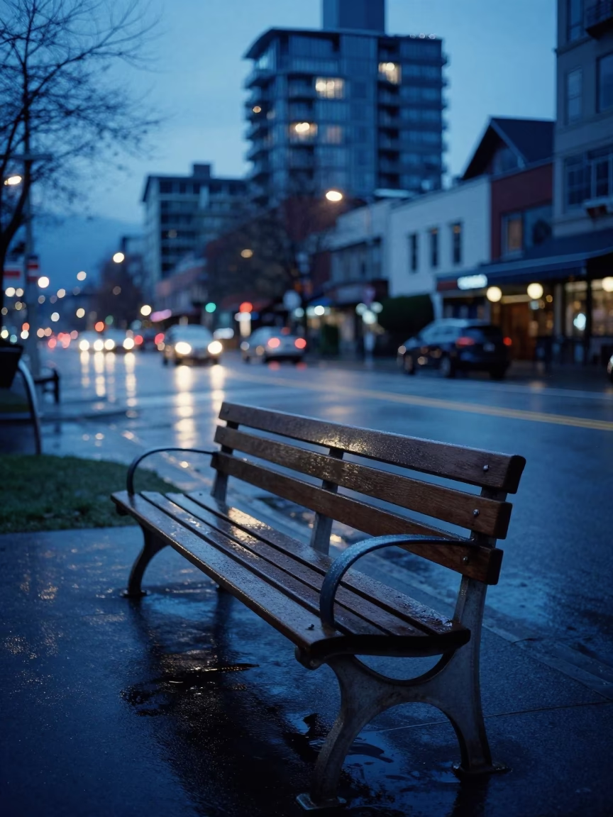 Vancouver Evening Street Scene with Condensation on Bench and Thermos in Blue Hour Light in in Vancouver, British Columbia, Canada