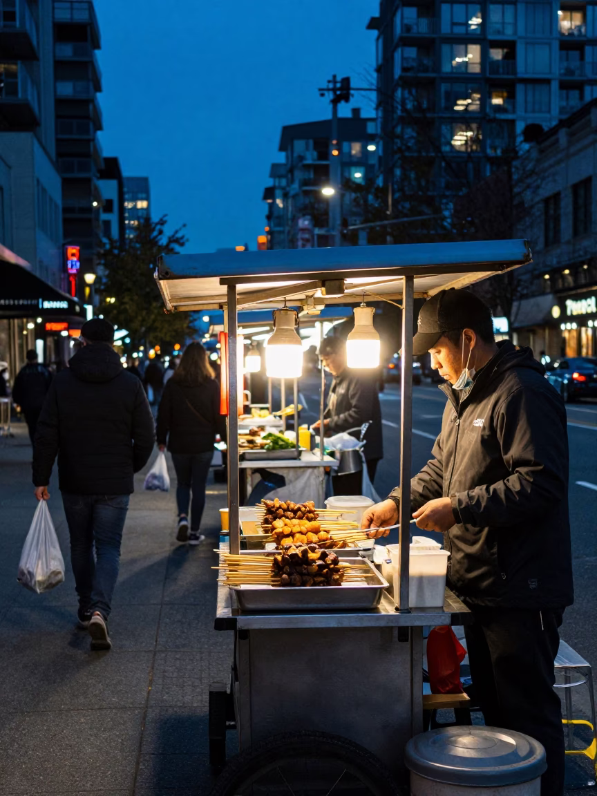 Vancouver evening street scene with food vendors and pedestrians under twilight blue light in in Vancouver, British Columbia, Canada