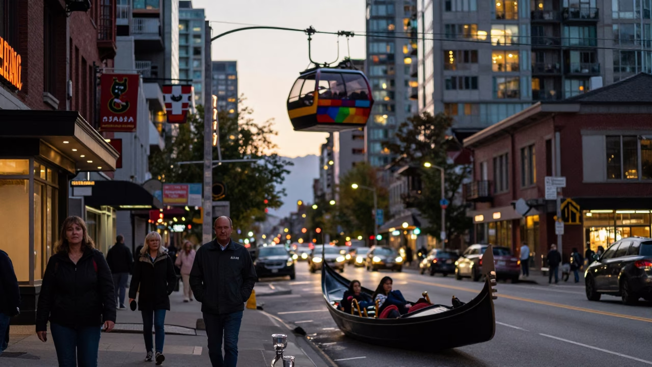 Vancouver Evening Street Scene with Gondola and Glass Carafe in in Vancouver, British Columbia, Canada