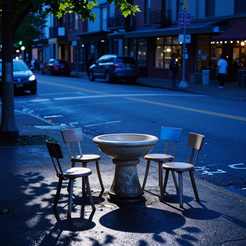 Vancouver Evening Street Scene with Leaf Shadows on Basin and Local Dining Moment in in Vancouver, British Columbia, Canada