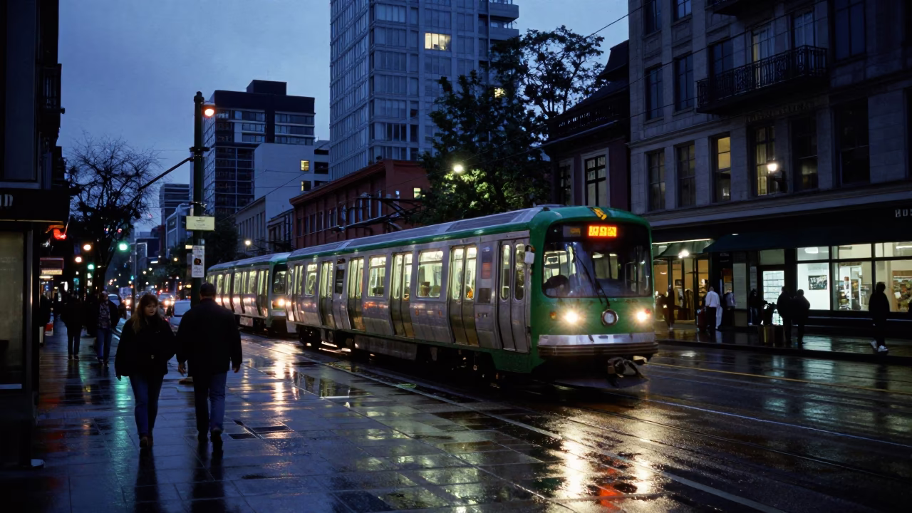 Vancouver Evening Street Scene with Metro Train and Mossy Stone Wall in Blue Light in in Vancouver, British Columbia, Canada