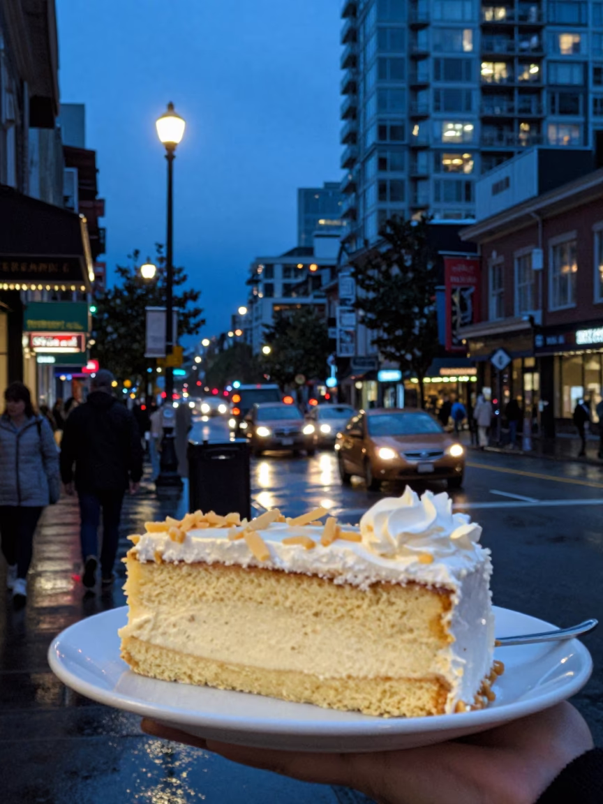 Vancouver Evening Street Scene with Tres Leches Cake and Urban Details in in Vancouver, British Columbia, Canada