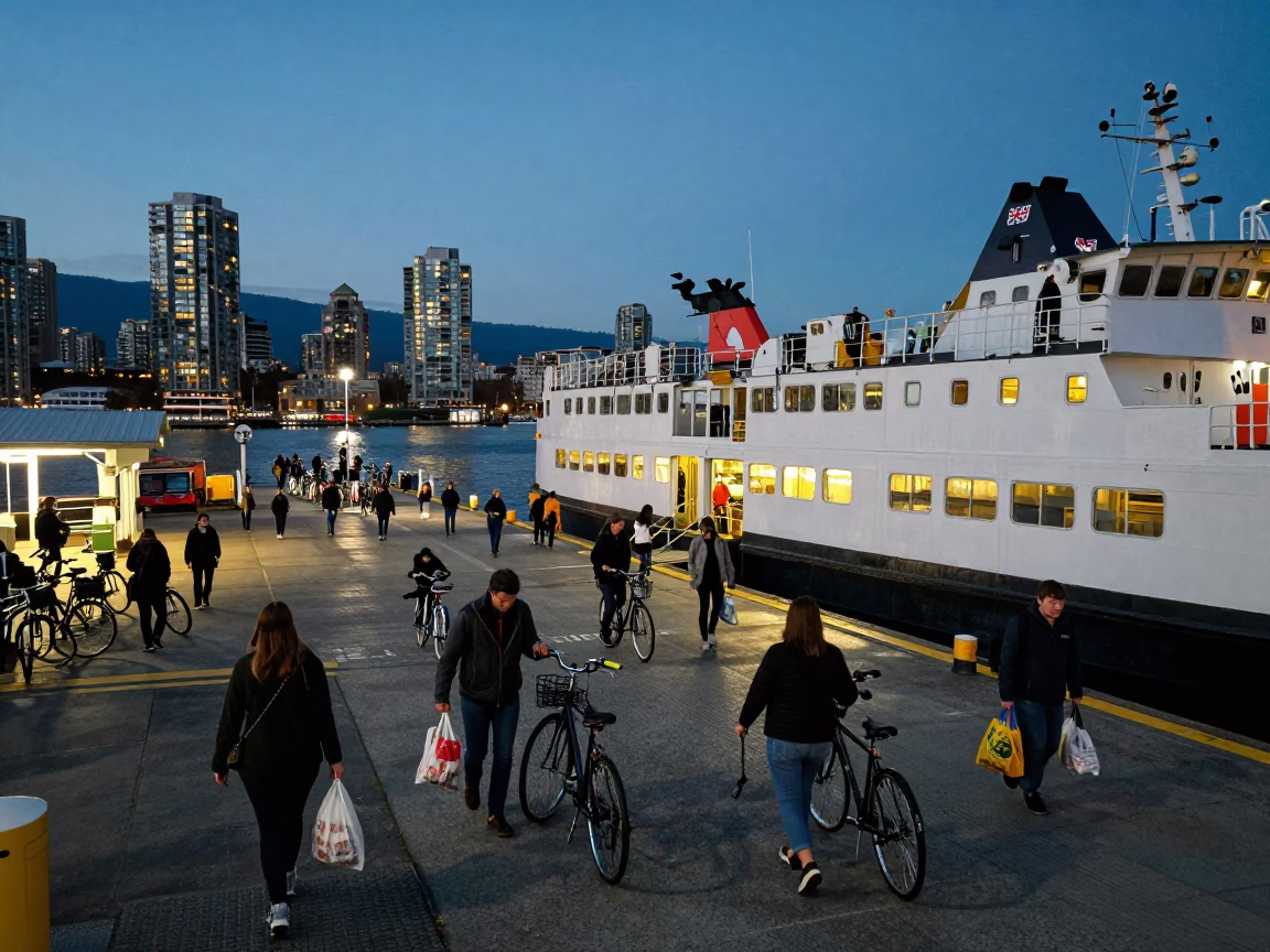 Vancouver Ferry Dock at Dusk with Passengers Loading Bicycles and City Lights in in Vancouver, British Columbia, Canada