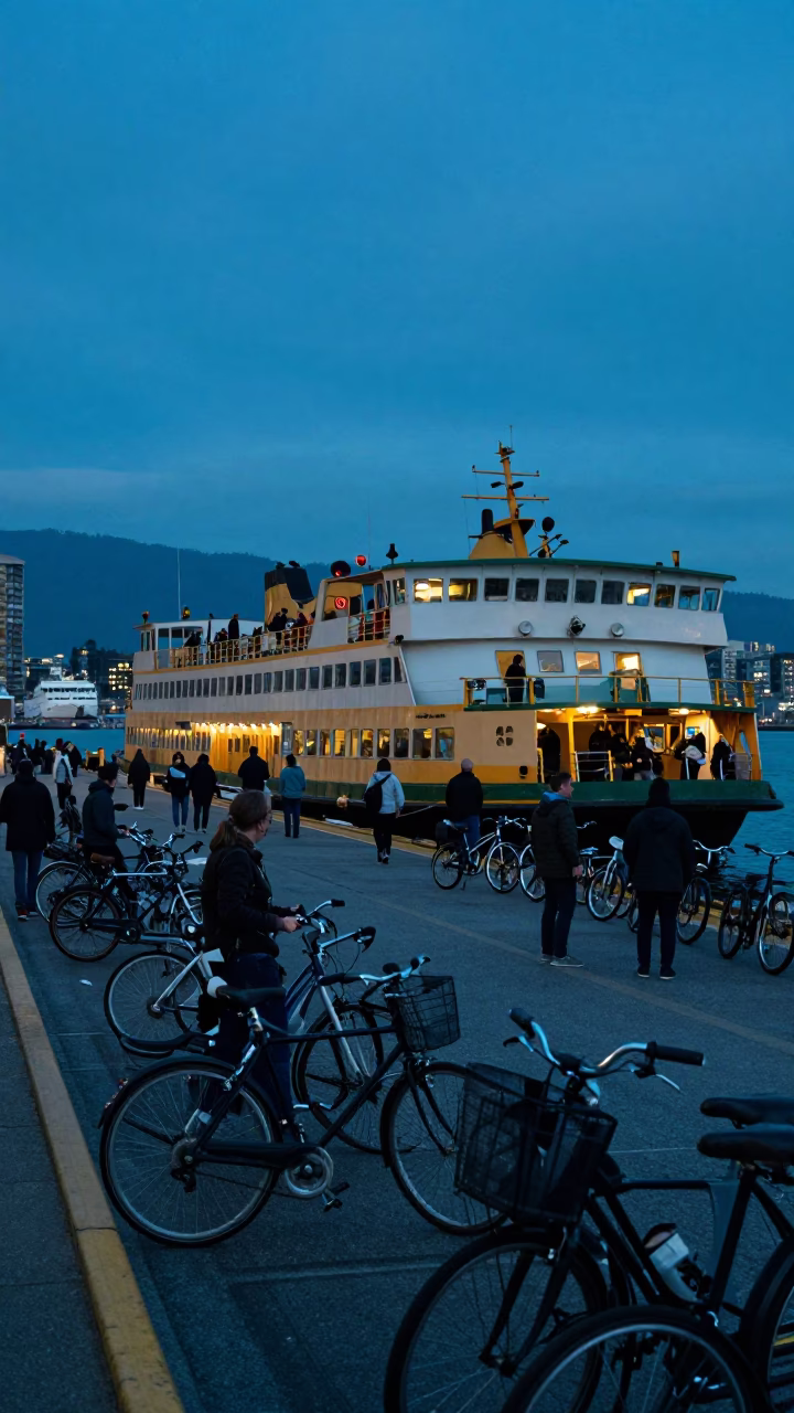 Vancouver Ferry Dock Evening Commuter Scene with Bicycles and Urban Transit in in Vancouver, British Columbia, Canada
