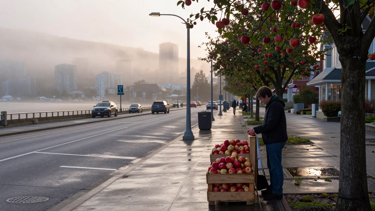 Vancouver First Light Dawn Street Scene with Apples and Ceramic Cup in in Vancouver, British Columbia, Canada