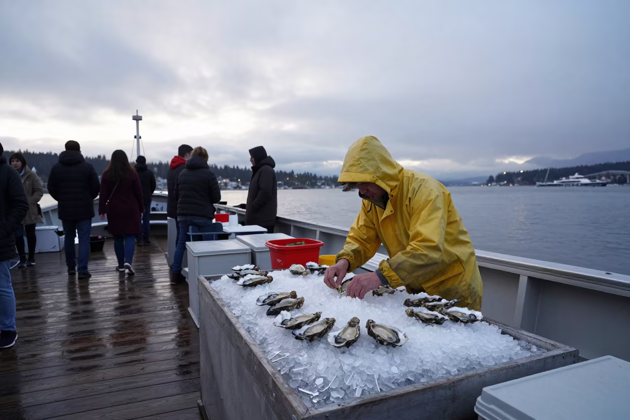 Vancouver Fish Market Vendor Arranging Oysters at Dawn in at a floating market boat in Vancouver
