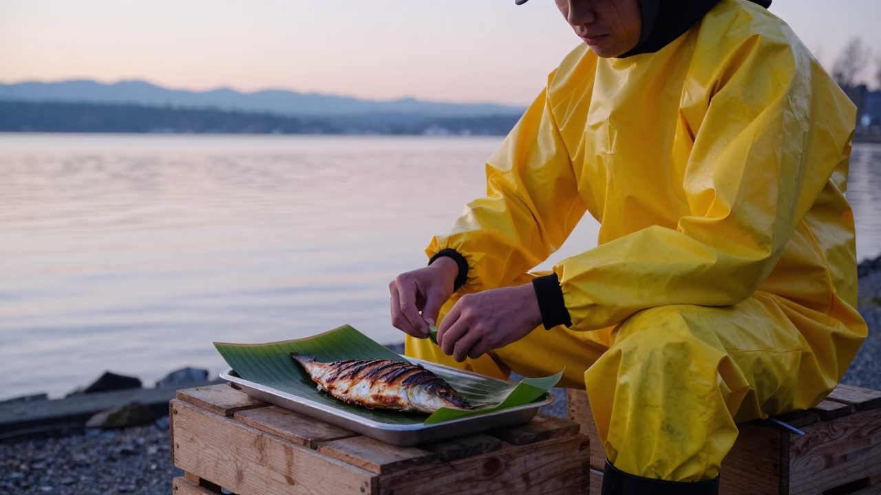 Vancouver Fisherman Breakfast at Dawn with Grilled Fish on Banana Leaf in in Vancouver, British Columbia, Canada