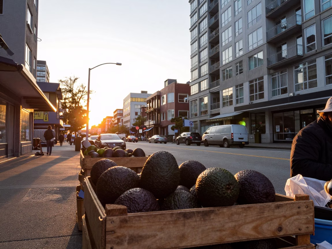 Vancouver Golden Hour Street Scene with Avocados and Local Details in in Vancouver, British Columbia, Canada