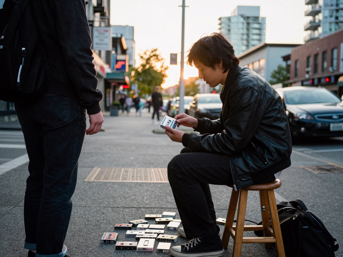 Vancouver Golden Hour Street Scene with Cassette Tapes and Stool in in Vancouver, British Columbia, Canada