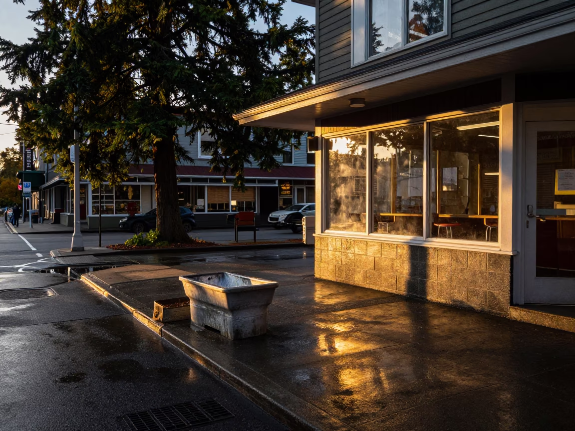 Vancouver Golden Hour Street Scene with Condensation on Basin and Local Dining in in Vancouver, British Columbia, Canada