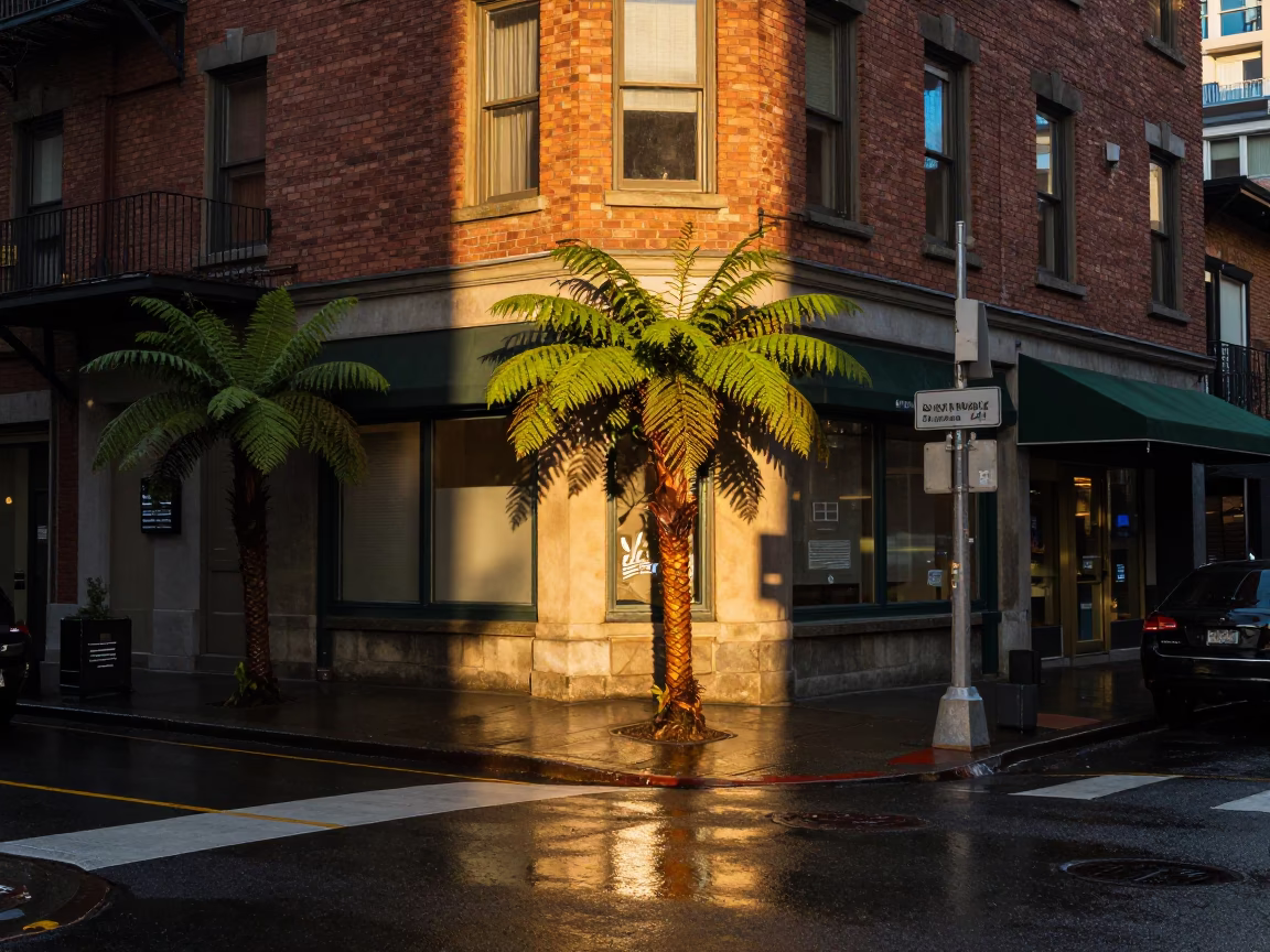 Vancouver Golden Hour Street Scene with Ferns and Urban Details in in Vancouver, British Columbia, Canada