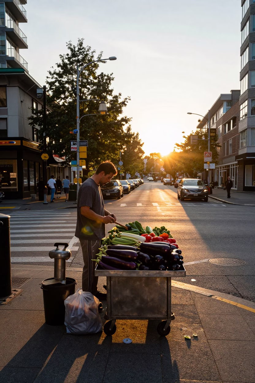 Vancouver Golden Hour Street Scene with Hammered Metal and Eggplants in in Vancouver, British Columbia, Canada