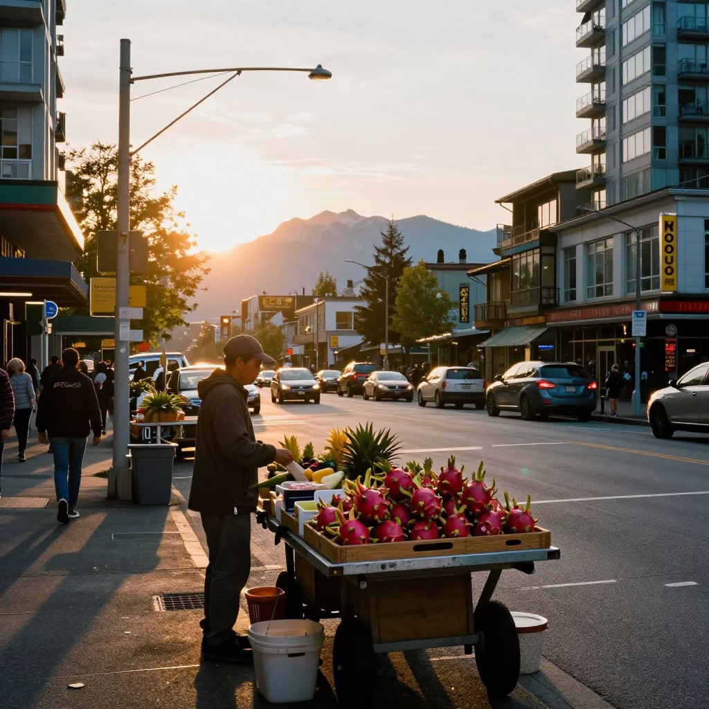 Vancouver Golden Hour Street Scene with Local Market Activity in in Vancouver, British Columbia, Canada