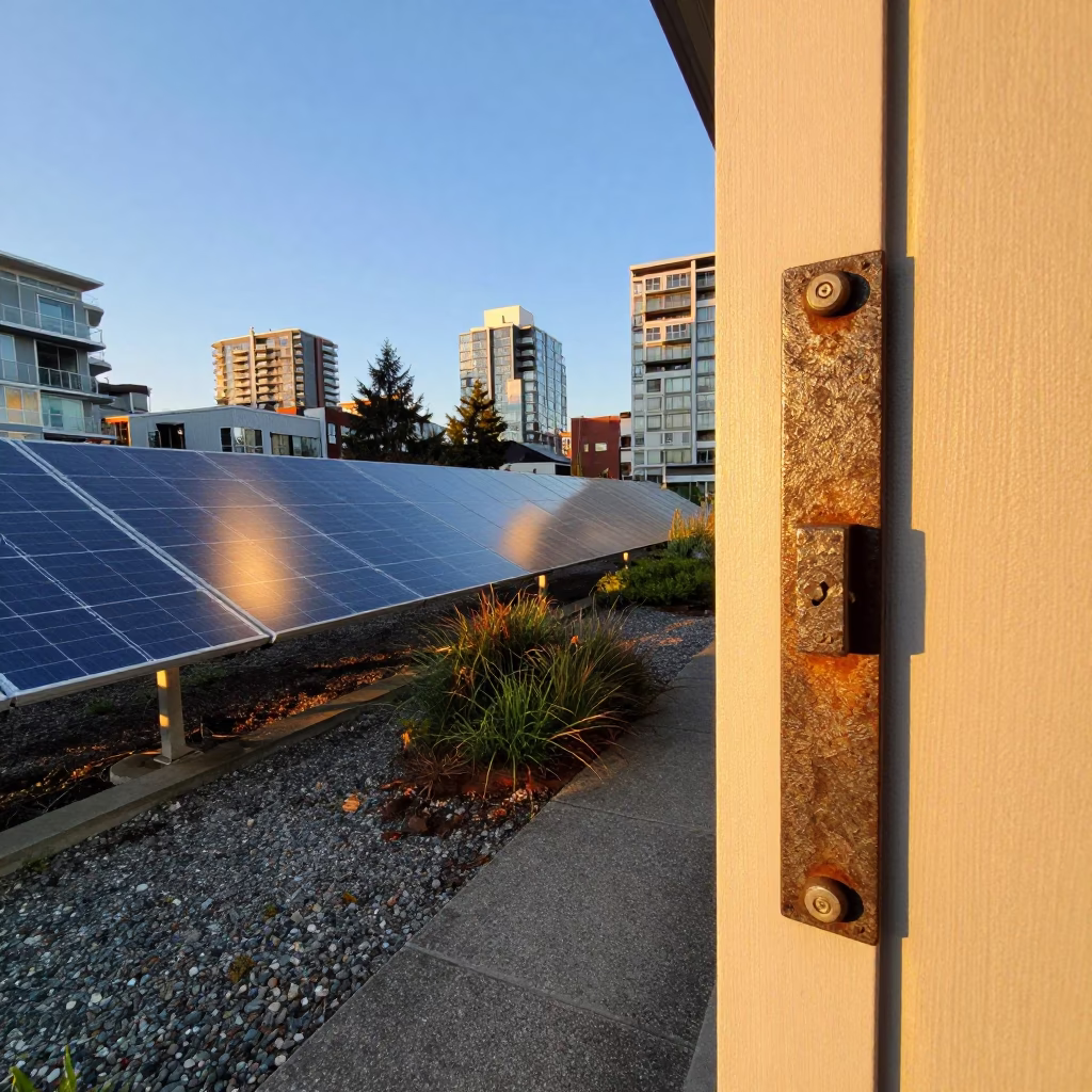 Vancouver Golden Hour Street Scene with Solar Array and Iron Deadbolt Details in in Vancouver, British Columbia, Canada