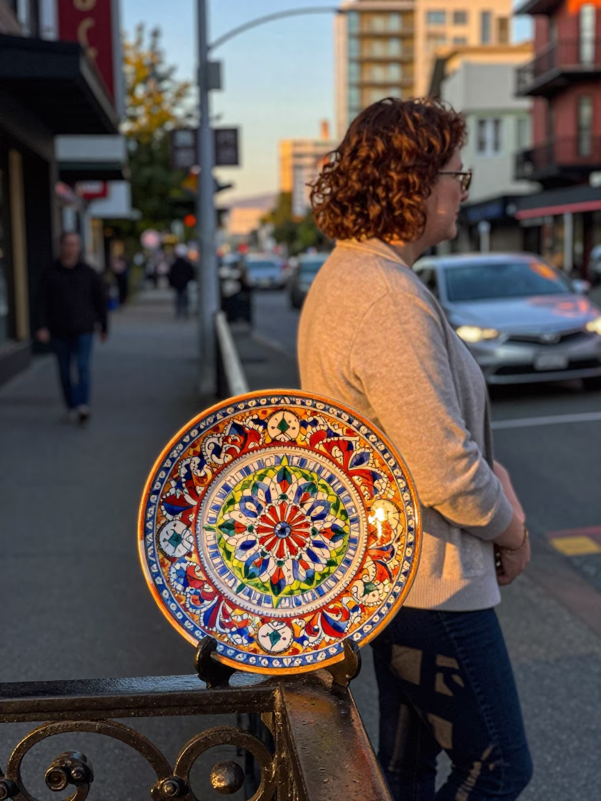 Vancouver Golden Hour Street Scene with Vintage Majolica Plate and Casual Fashion in in Vancouver, British Columbia, Canada