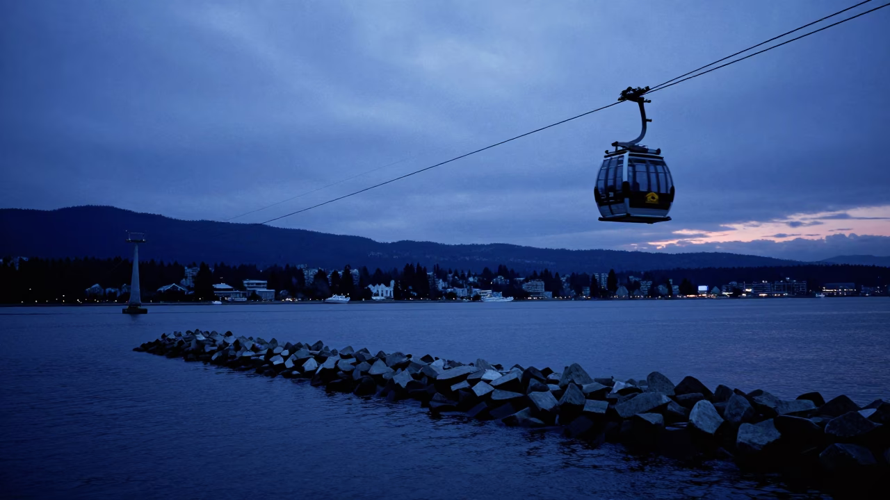 Vancouver Harbor Breakwater in Indigo Twilight with Blue Hour Sky in in Vancouver, British Columbia, Canada