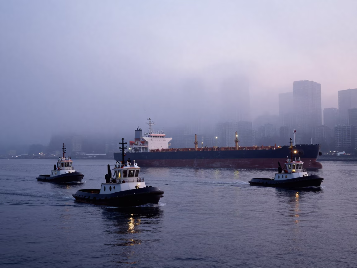 Vancouver Harbor Pre-Dawn Fog and Tugboat Fleet Guiding Tanker Ship in in Vancouver, British Columbia, Canada