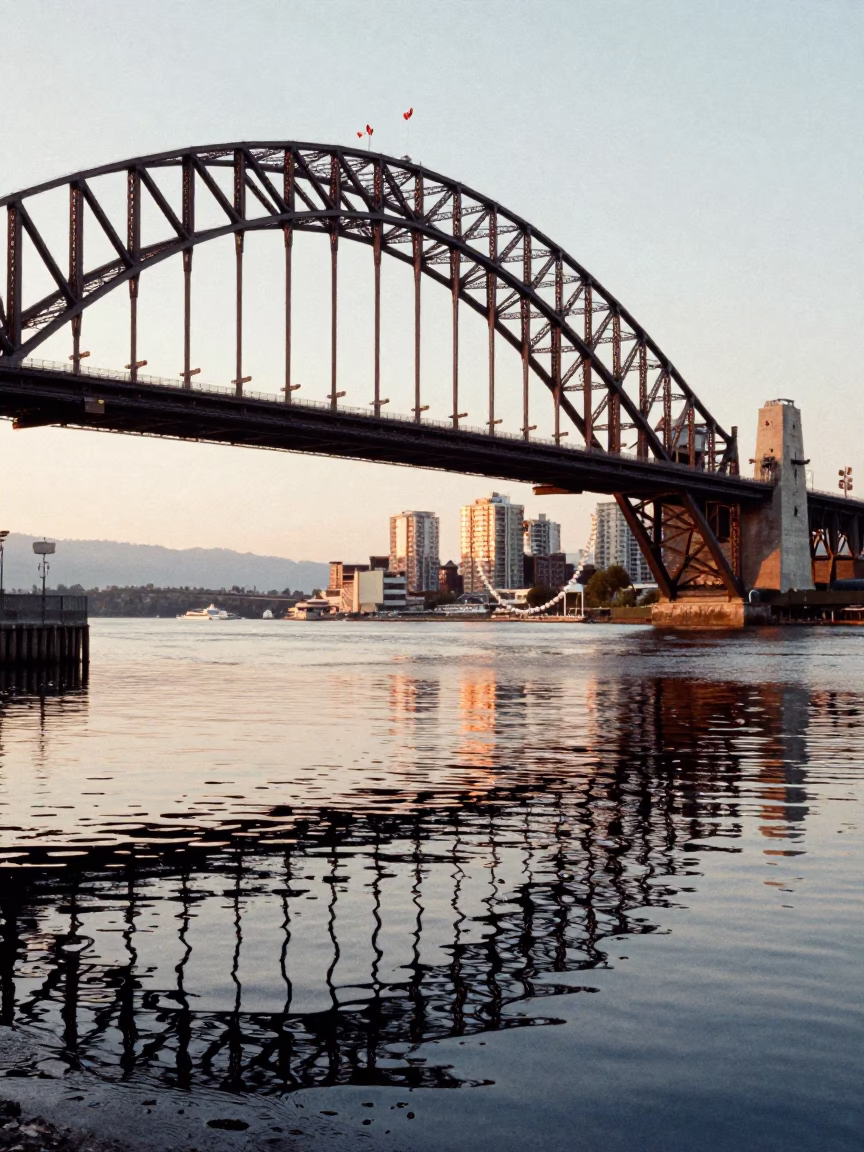 Vancouver Harbour Bridge Reflections and Pearl Necklaces in Late Afternoon Light in in Vancouver, British Columbia, Canada