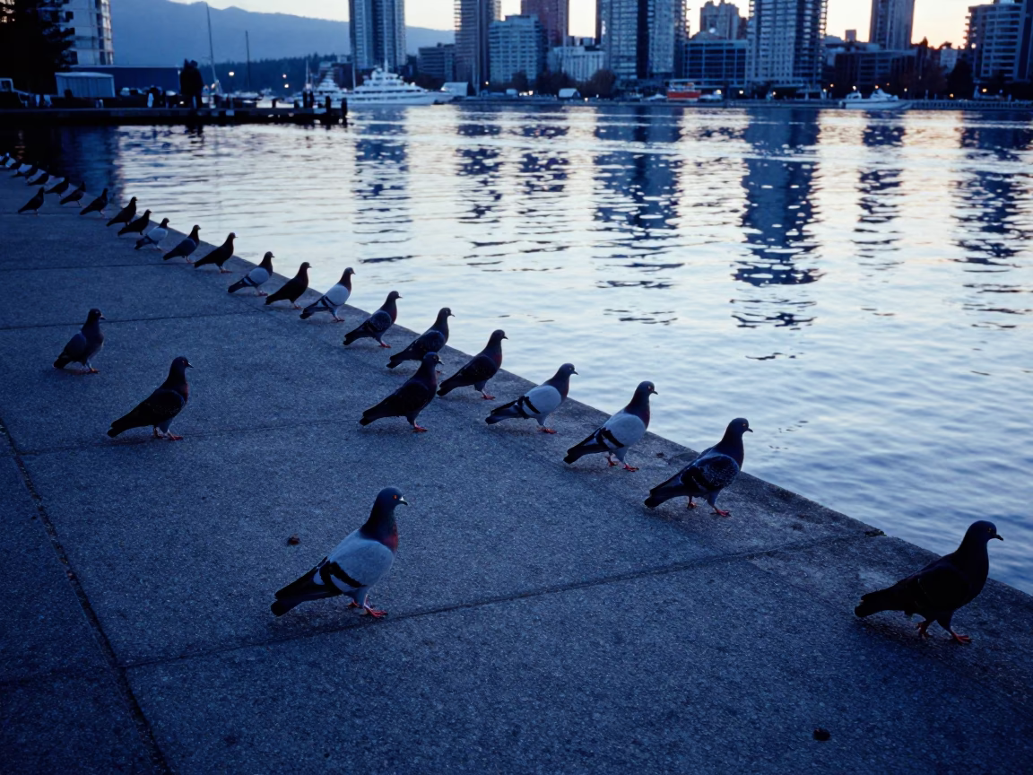 Vancouver Harbour Dawn Pigeons on Concrete Pier Before Sunrise in in Vancouver, British Columbia, Canada