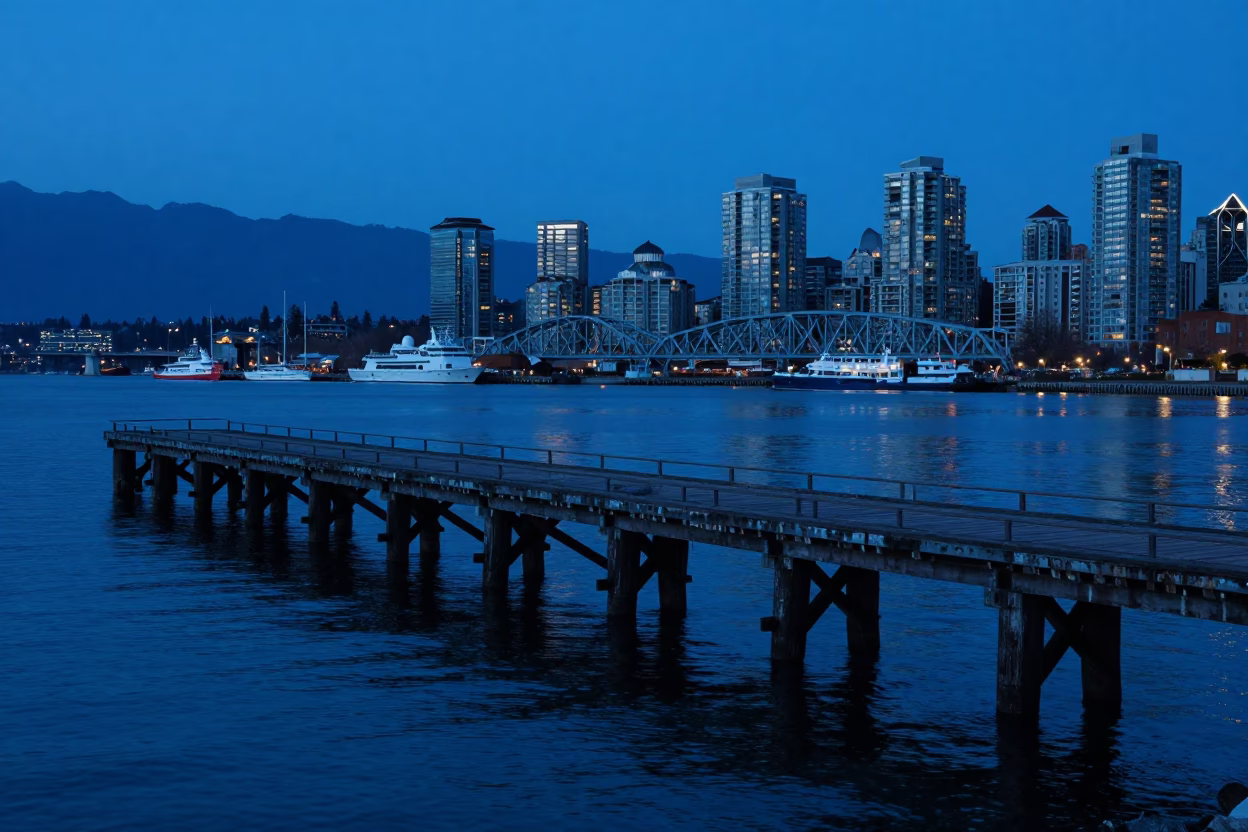 Vancouver Harbour Evening Blue Hour with Steel Pier and City Skyline Reflections in in Vancouver, British Columbia, Canada