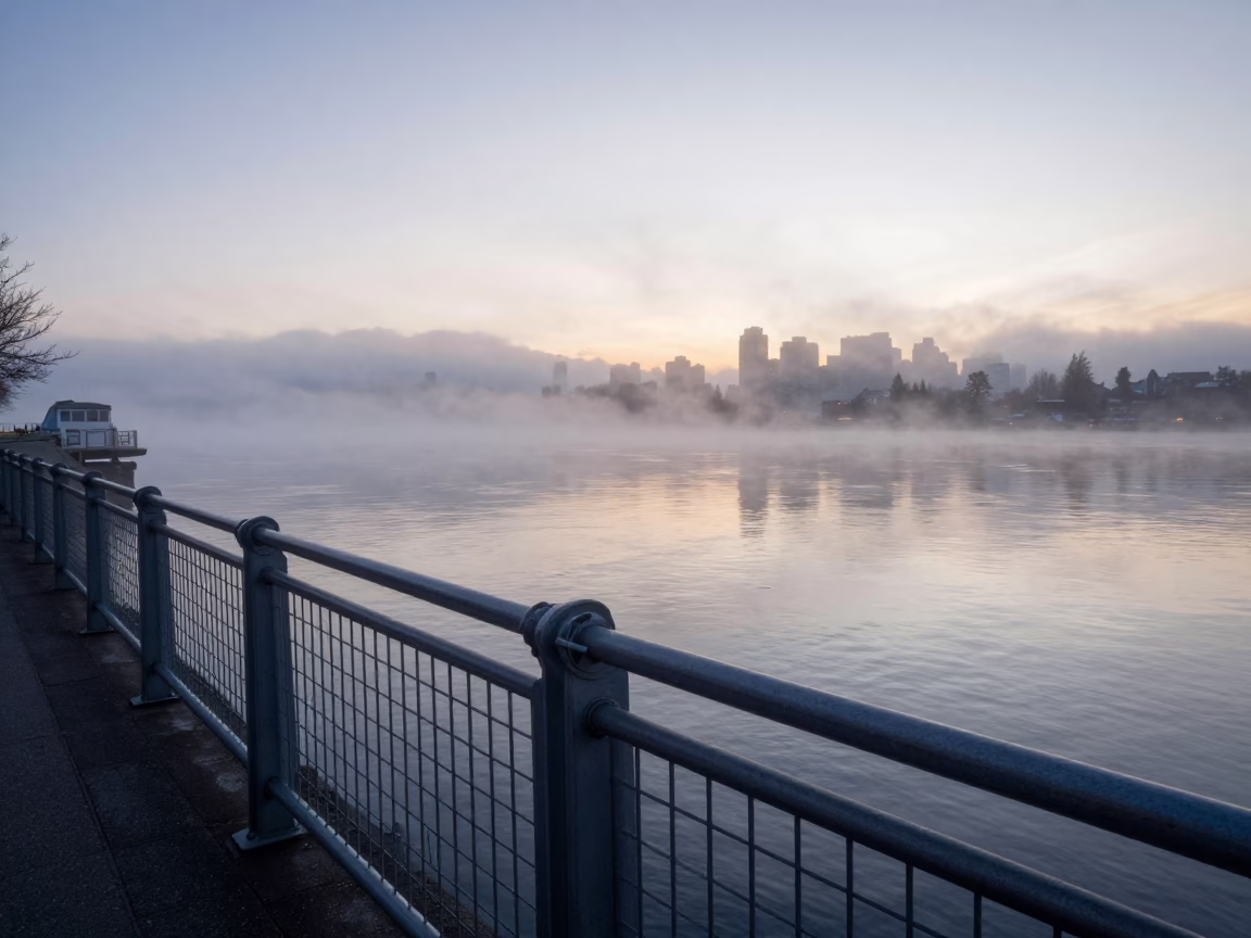 Vancouver Harbour Sunrise Fog Condensation on Metal Latch Near Waterfront in in Vancouver, British Columbia, Canada