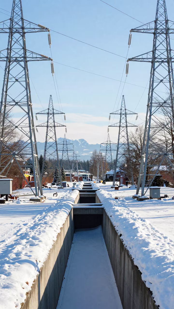 Vancouver District Heating Corridor in Snow in beneath transmission towers in Main Street, Vancouver
