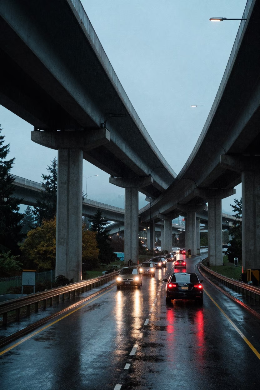 Vancouver Highway 1 Overpass Interchange Glowing Taillights After Rain Before Sunrise in in Vancouver, British Columbia, Canada