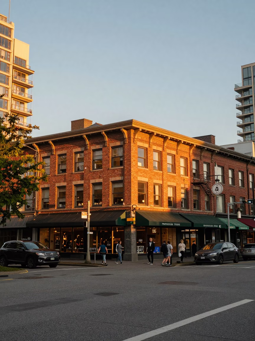 Vancouver Honeyed Evening Light Street Scene with Local Architecture in in Vancouver, British Columbia, Canada