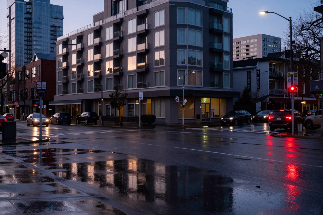 Vancouver Hotel Windows And Tail Lights at First Light Of Dawn in in Vancouver, British Columbia, Canada