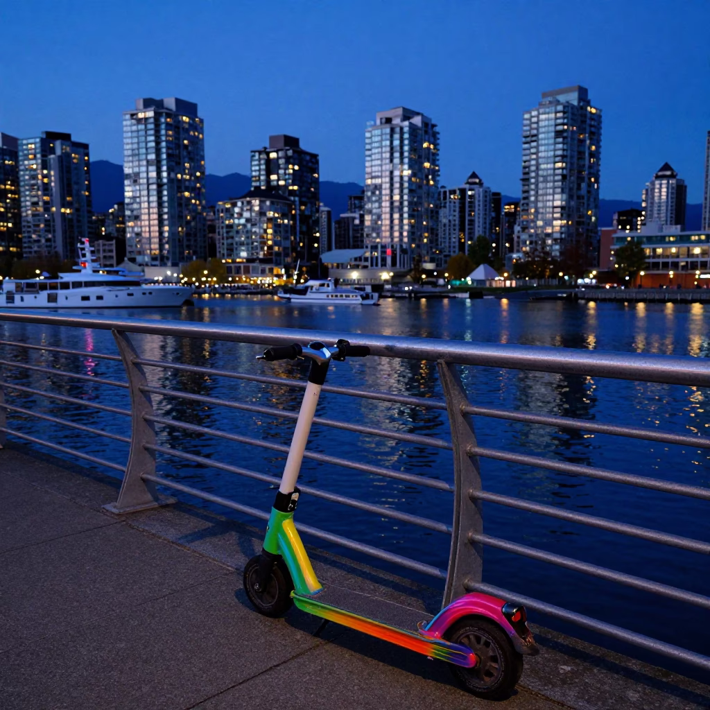 Vancouver Indigo Twilight Harbor Promenade with Scooter and City Skyline in in Vancouver, British Columbia, Canada