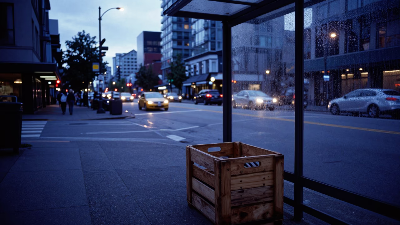 Vancouver Indigo Twilight Street Scene with Crate and City Lights in in Vancouver, British Columbia, Canada