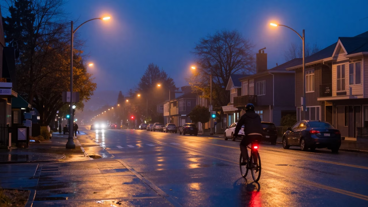 Vancouver indigo twilight street scene with cyclist and sodium lights in in Vancouver, British Columbia, Canada