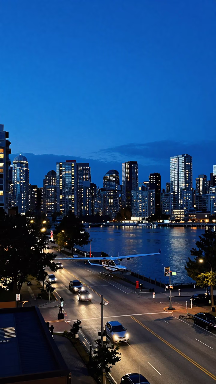 Vancouver Indigo Twilight Street Scene with Floatplane and Urban Elements in in Vancouver, British Columbia, Canada