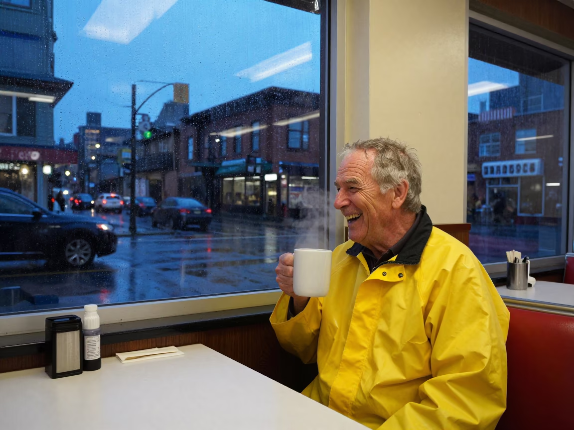 Vancouver Indigo Twilight Street Scene with Local Diner Interior View in in Vancouver, British Columbia, Canada
