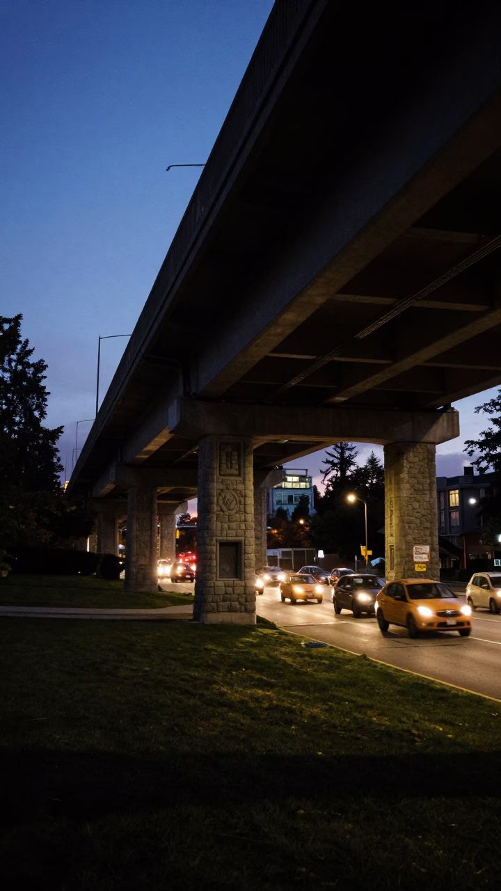 Vancouver Indigo Twilight Under Flyover with University Cloister Stone Architecture in in Vancouver, British Columbia, Canada