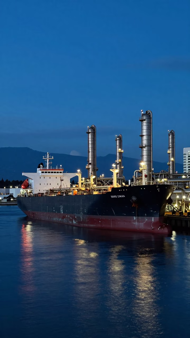 Vancouver Industrial Dawn Tanker Ship Refinery Dock Nautical Light in in Vancouver, British Columbia, Canada