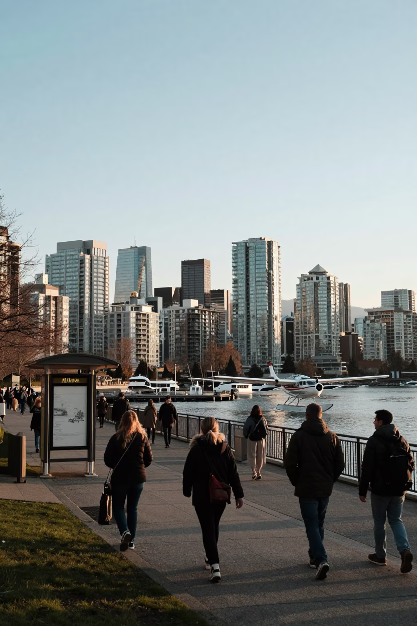 Vancouver Inlet Skyline and Seaplane Base in Clear Late Afternoon Light in in Vancouver, British Columbia, Canada