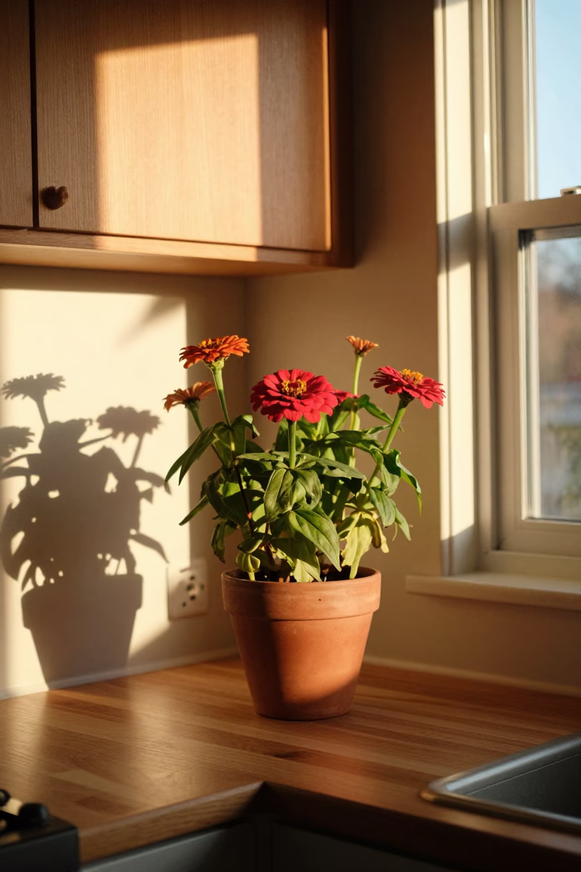 Vancouver Kitchen Evening Light with Zinnias and Terracotta Pot in in Vancouver, British Columbia, Canada