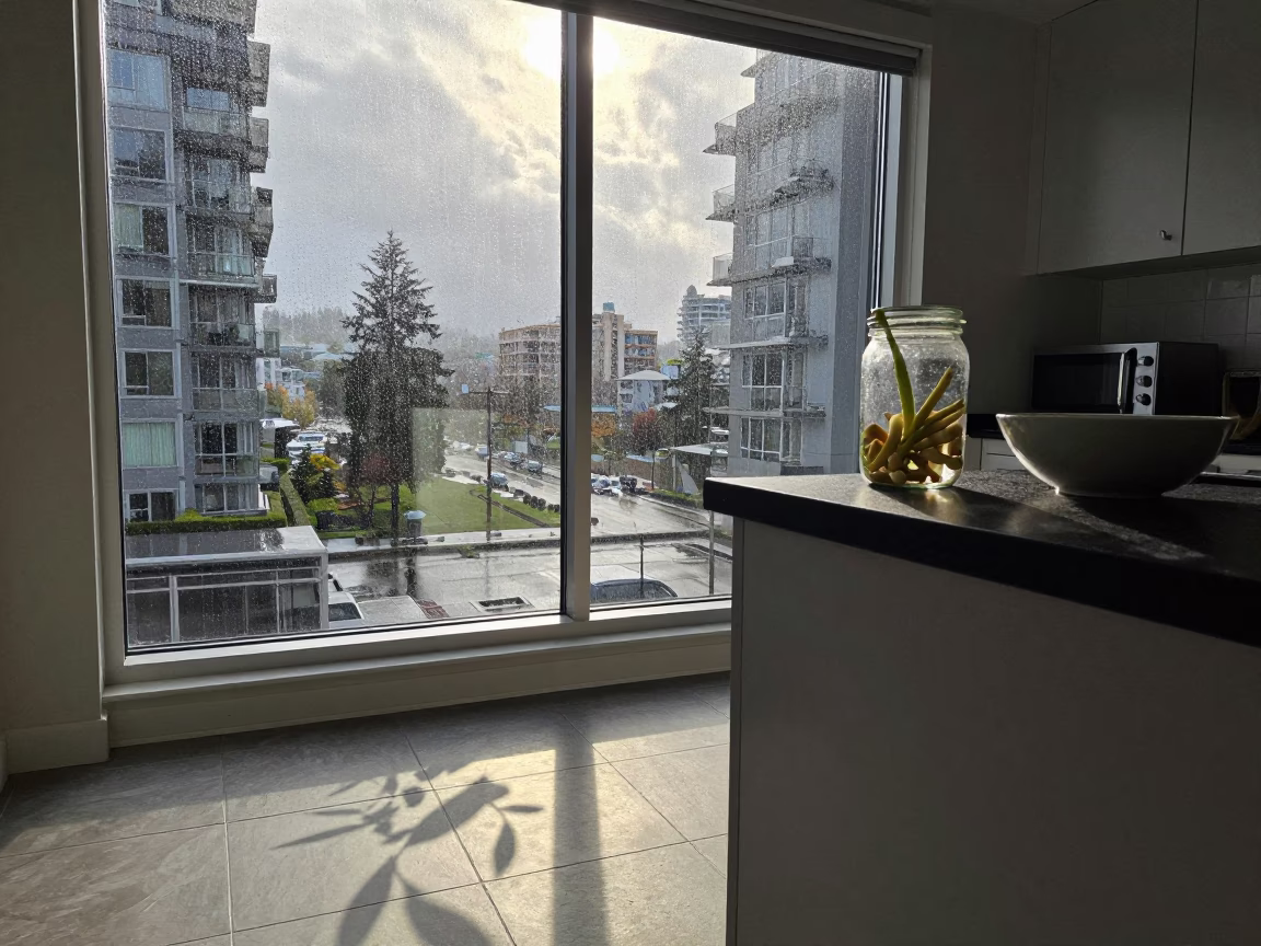 Vancouver Kitchen Morning Light After Rain With Glass And Kitchen Items in in Vancouver, British Columbia, Canada