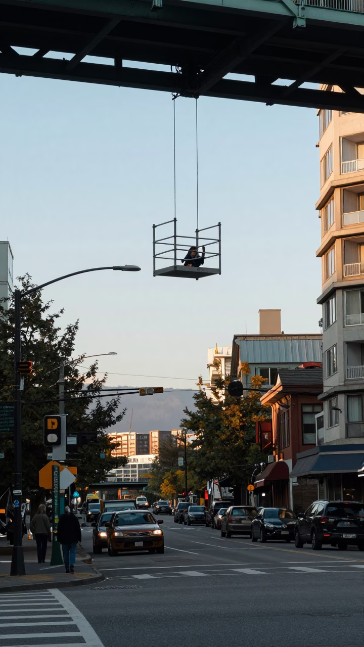 Vancouver Late Afternoon Street Scene with Bridge Maintenance Cage and Urban Architecture in in Vancouver, British Columbia, Canada