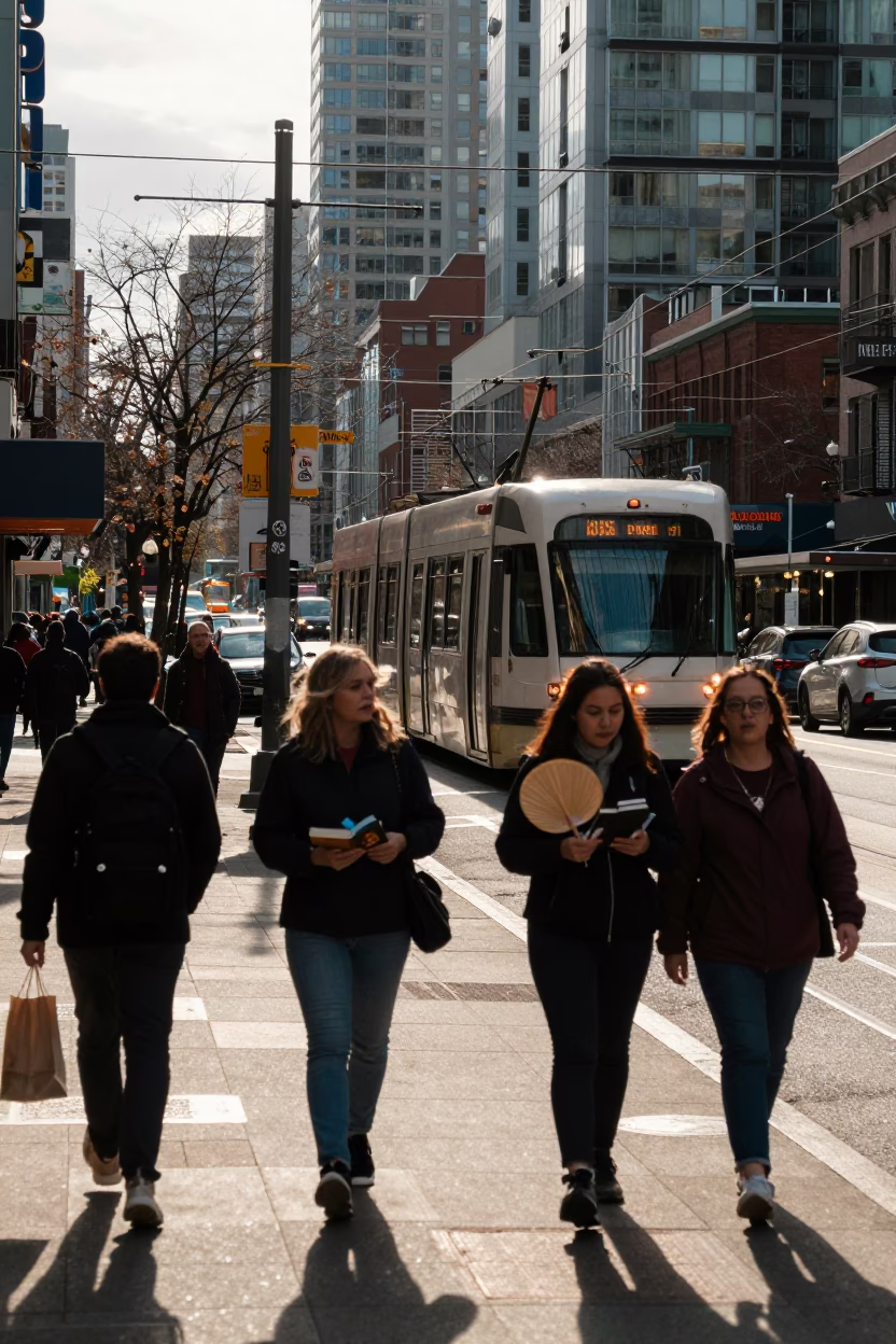 Vancouver Late Afternoon Street Scene with Tramcar and Urban Details in in Vancouver, British Columbia, Canada
