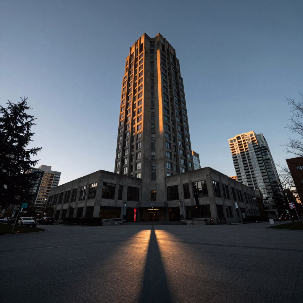 Vancouver Late Afternoon Urban Scene with Concrete Tower and Lockbox in in Vancouver, British Columbia, Canada