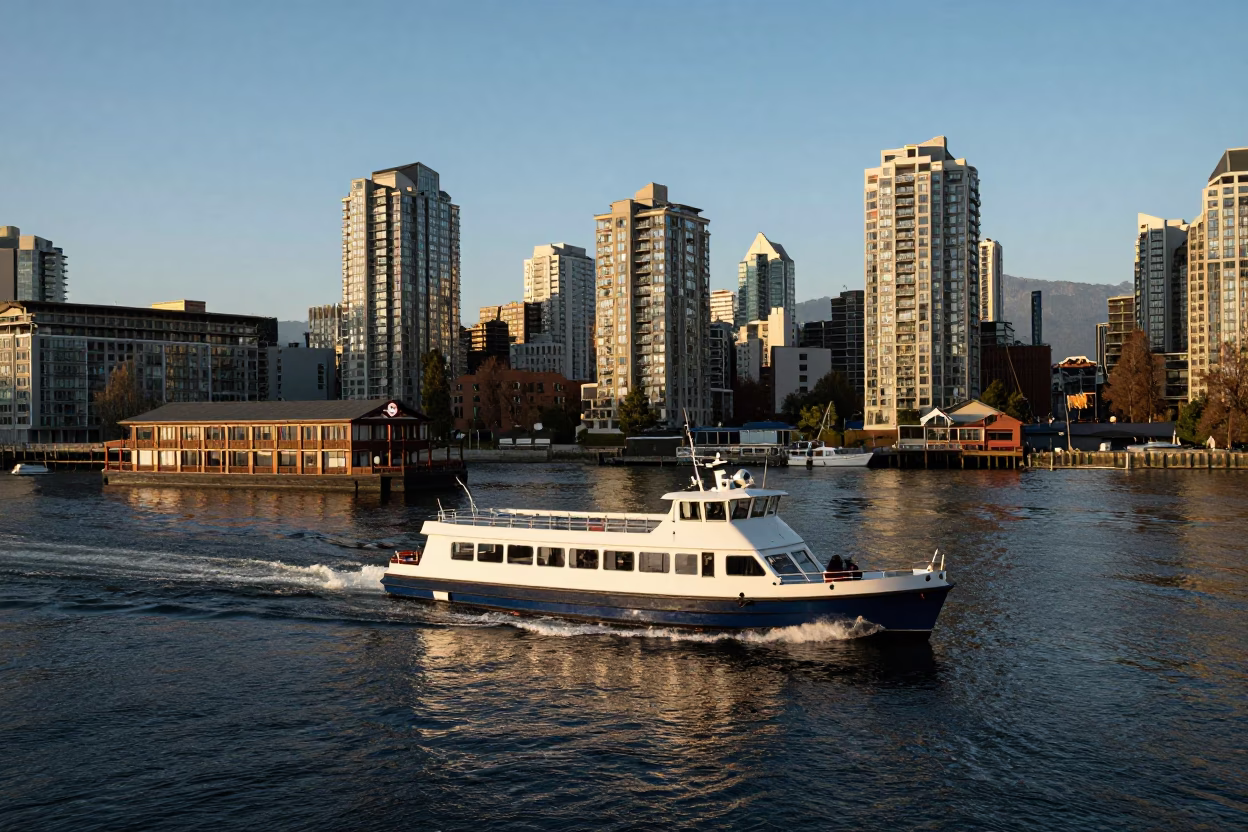 Vancouver Late Afternoon Water Taxi Zigzagging Past Canal Houseboats in British Columbia in in Vancouver, British Columbia, Canada