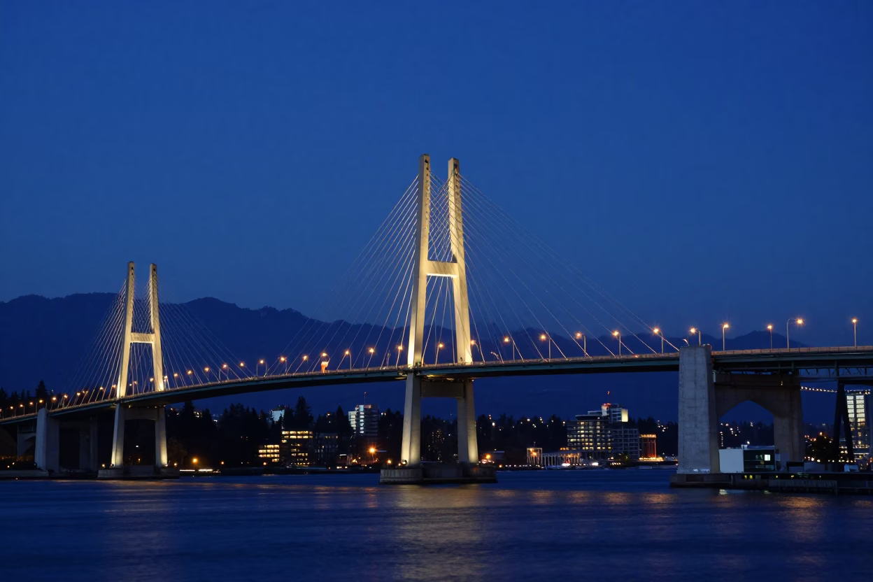 Vancouver Lions Gate Bridge Illuminated in Indigo Twilight with Harbor Activity in in Vancouver, British Columbia, Canada